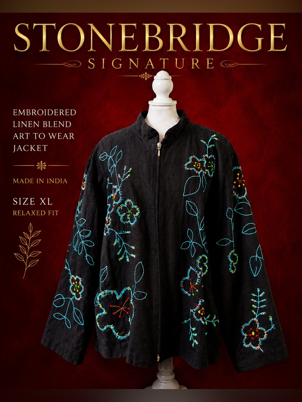 Stonebridge Signature Embroidered Floral Linen Blend Jacket Art To Wear